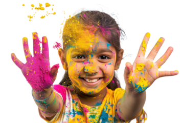 Children's hands reaching out to pick up a handful of Holi powder, isolated on white background.