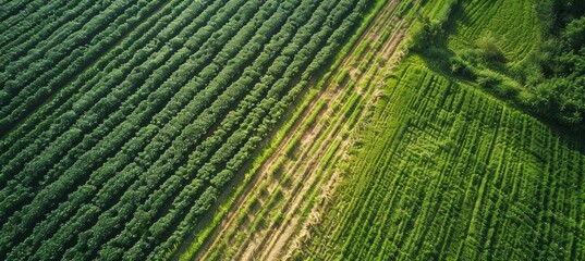 Fototapeta premium Aerial View of Conservation Tillage with Crop Residue and Healthy Green Plants for Agricultural Purposes