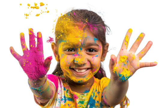 Children's hands reaching out to pick up a handful of Holi powder, isolated on white background.