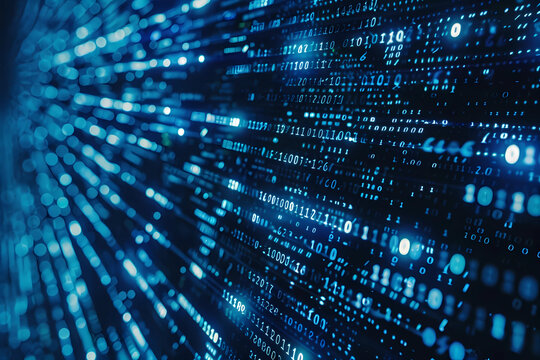 Blue digital binary data on computer screen background