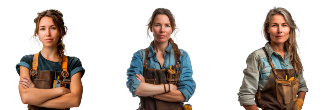 A set of american woman carpenter isolated on white or transparent background. Woman carpenter with tools for work close-up.