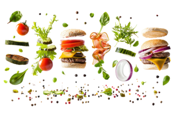 Burger with all components separated, isolated on white background.