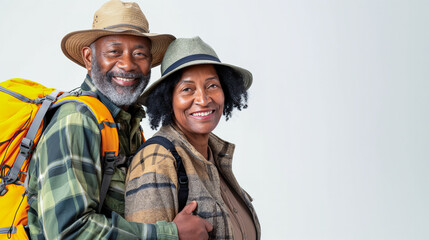 Fototapeta premium Happy senior black couple on outdoor trekking, hikers with backpacks smiling and looking at the camera isolated over a white background