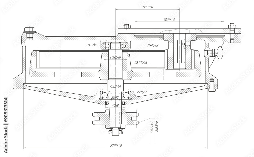 Wall mural assembly drawing of reducer. vector working drawing of steel mechanical device with shaft, gear, ele