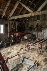 Traditional Farming Tools Display in Rustic Barn with Historic Plow and Wagon for Vintage Agricultural Themes