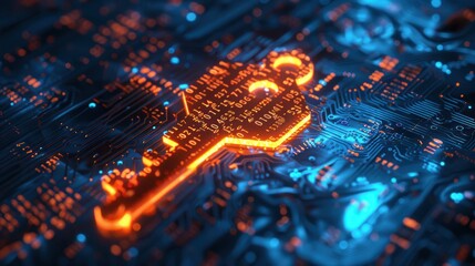 Obraz premium Bright, glowing key symbol on a circuit board, representing digital security and data protection in a high-tech environment.