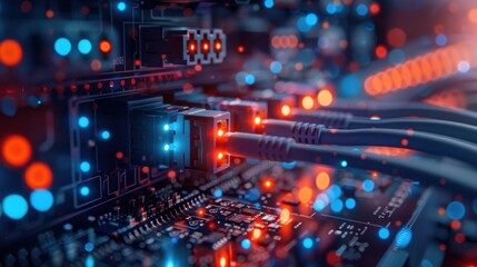 Obraz premium Close-up of a circuit board with glowing lights and network cables, representing modern technology and connectivity in digital systems.