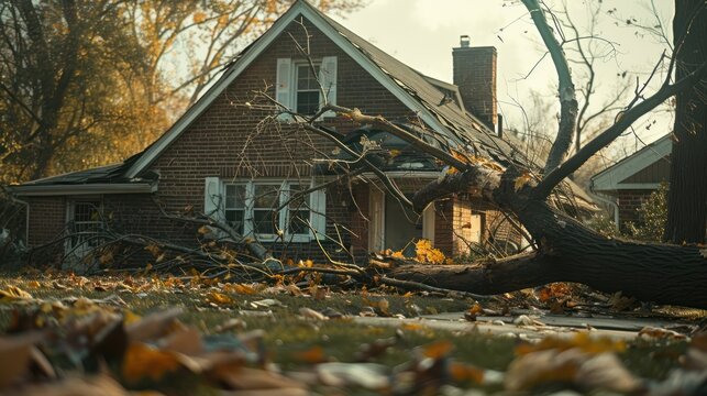 A damaged house with fallen tree branches and scattered leaves, showcasing the aftermath of a storm in a residential area.