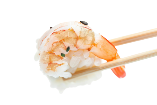 A pair of chopsticks gracefully picking up a piece of sushi shrimp, isolated on a white background.