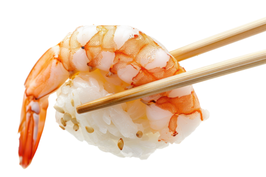 A pair of chopsticks gracefully picking up a piece of sushi shrimp, isolated on a white background.