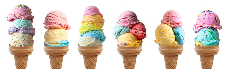 Pastel rainbow Ice cream double triple scoop, on waffle cake cone on transparent background cutout, PNG file. Many different flavour Mockup template for artwork design