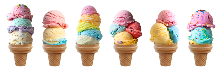 Pastel rainbow Ice cream double triple scoop, on waffle cake cone on transparent background cutout, PNG file. Many different flavour Mockup template for artwork design