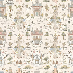 Repeating Pattern of Houses, Trees, and Birds