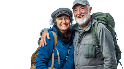 Fototapeta premium Happy senior couple on a hiking adventure, wearing backpacks and smiling at the camera isolated over a white background, active senior concept