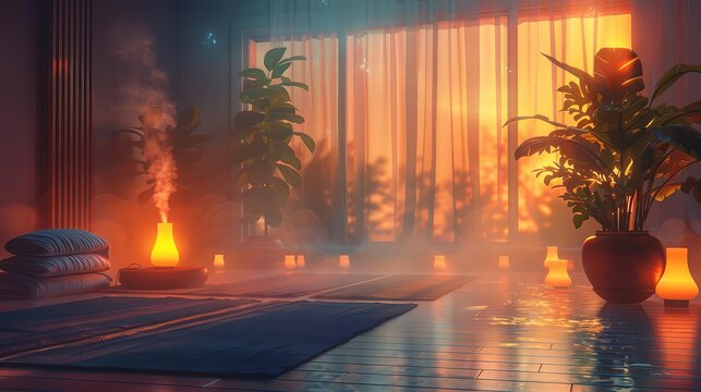 A serene yoga studio with a diffuser in the corner, emitting a calming scent, with yoga mats and soft lighting, high detail