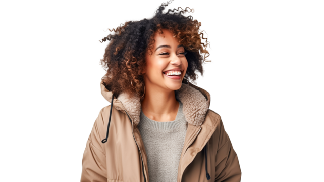 A beautiful afro-american woman wearing warm winter jacket on transparent background.
- Powered by Adobe