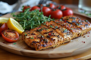 Delicious Grilled Salmon Fillet Served With Fresh Vegetables and Lemon Slices