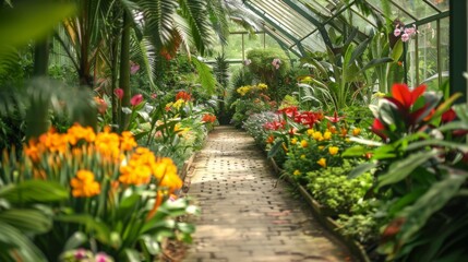 A serene pathway through a tropical greenhouse filled with blooming flowers and rich greenery, inviting visitors to explore.