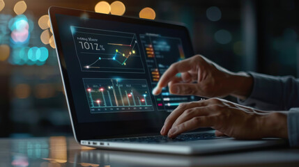 Digital marketing analyst reviewing online ad campaign metrics on a laptop. Graphical data interface showcasing performance of internet and social media ads.