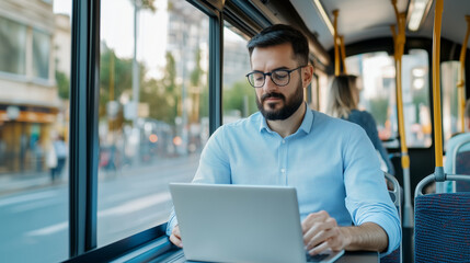 an entrepreneur working on his laptop in a bus, surrounded by the bustling city visible through the windows. The setting emphasizes the blend of work and travel, businessman, lapto