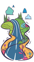 Colorful cartoon style illustration depicting road winding through vibrant landscape. Road split into two paths, one asphalt, dirt trail, surrounded lush greenery, flowers. Cartoon junction