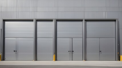 Details of an industrial building's gray aluminum-panelled facade with doors and windows