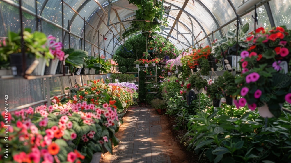 Poster a greenhouse brimming with an array of flowering plants in full bloom, showcasing vibrant colors and