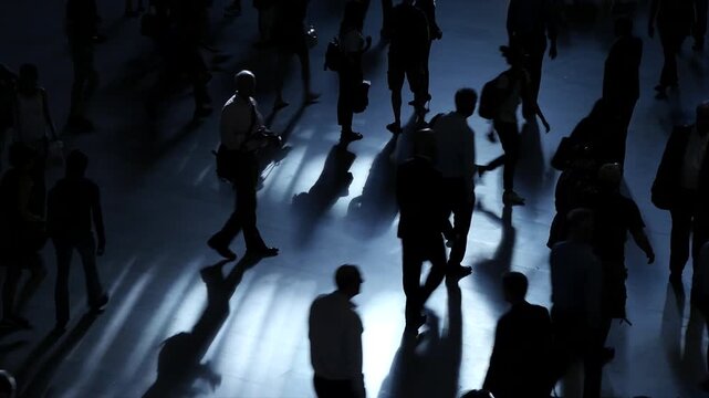 Dynamic silhouettes of people walking in an urban setting under dramatic lighting