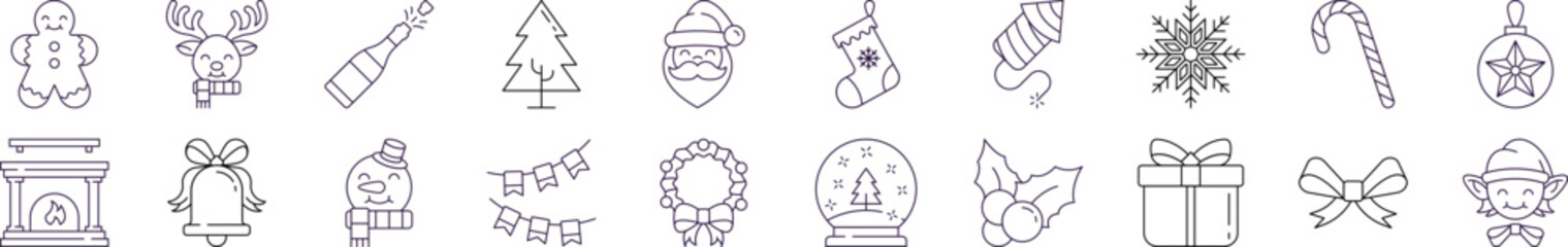 Collection of Line Icons of Christmas and New Year for Adverts. Suitable for books, stores, shops. Editable stroke in minimalistic outline style. Symbol for design