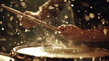 A person is playing a drum with a lot of force, creating a lot of noise