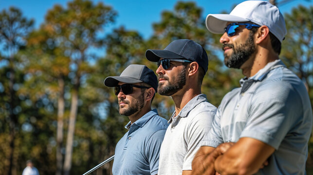 Three men stand on a golf course, wearing caps and sunglasses.