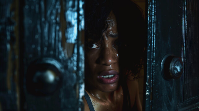 Woman fearfully peering through a gap, conveying distress and vulnerability.