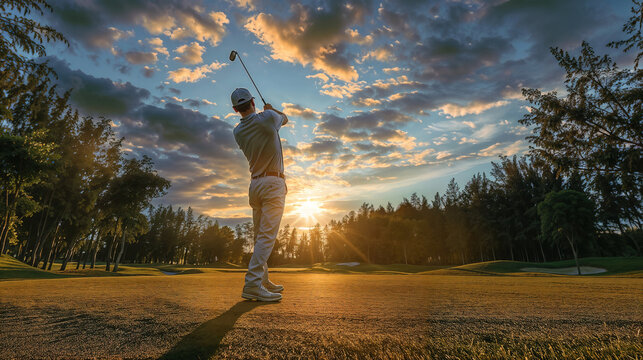 A man is playing golf in a field with a beautiful sunset in the background.