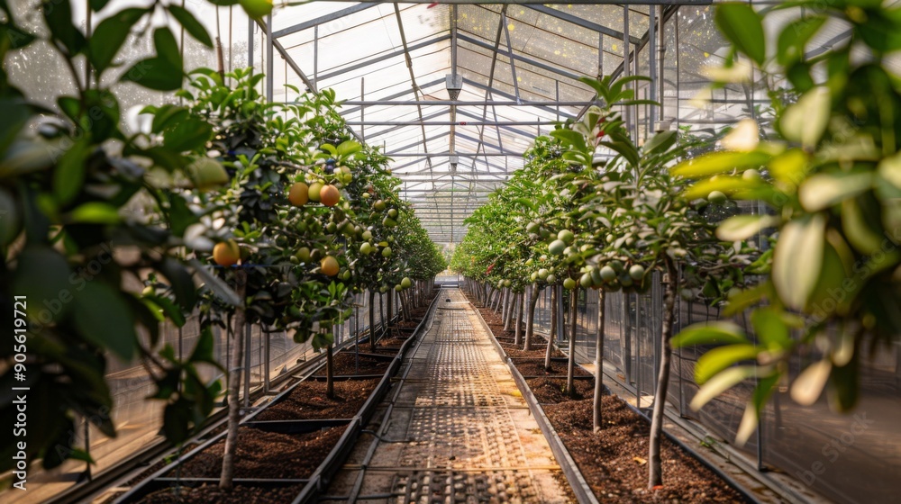 Poster rows of vibrant citrus trees laden with fruit thrive in a well-maintained greenhouse under bright su