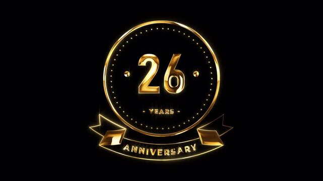 26th Anniversary Celebration. Happy 26 Years Anniversary Animation in Gold Color on the Transparent Background, Alpha Channel. Great for greetings, celebrations, events, and gifts.