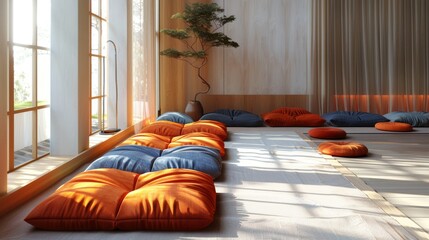 Meditation cushions arranged in a serene setting, evoking the emphasis on mindfulness and inner peace