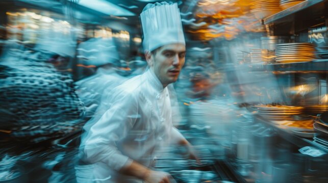 Chef and server in busy restaurant kitchen, abstract blurred image