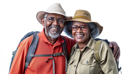 Fototapeta premium Black senior couple on hiking adventure, smiling and posing for photo isolated white background