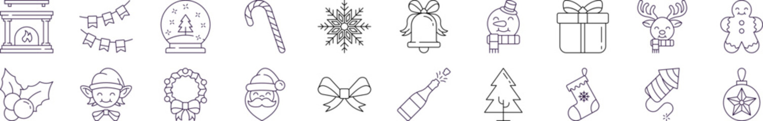 Line Signs of Christmas and New Year for Adverts. Suitable for books, stores, shops. Editable stroke in minimalistic outline style. Symbol for design