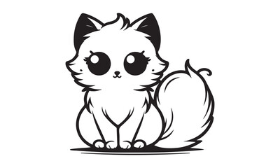 Adorable Big-Eyed Cat with Fluffy Tail - Cute Vector Line Art