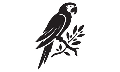 Elegant Black Parrot Silhouette on Branch - Vector Art Illustration
