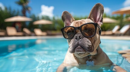 A dog is wearing sunglasses and swimming in a pool
