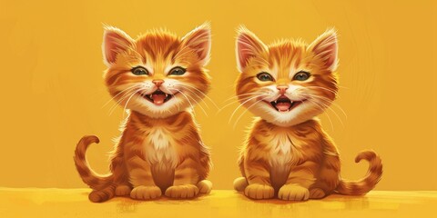 Two Happy Cartoon Kittens with Big Smiles on Yellow Background