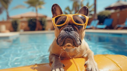 A dog wearing sunglasses is sitting on a yellow pool float