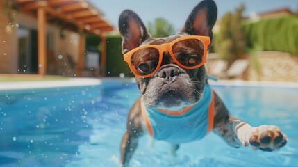 A dog wearing sunglasses and a blue vest is swimming in a pool