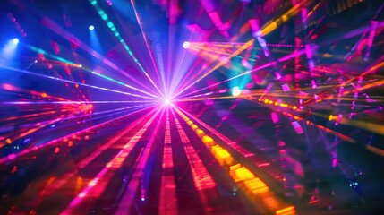 Naklejka premium Luxurious nightlife event featuring a colorful laser show with multiple beams and streams at nightclub or festival