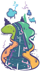 Colorful stylized illustration depicts winding road meandering through landscape. Abstract shapes doodles represent trees, clouds, nature alongside path, playful design uses purple, blue, green