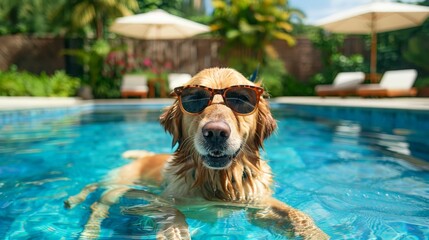 A dog is in a pool wearing sunglasses