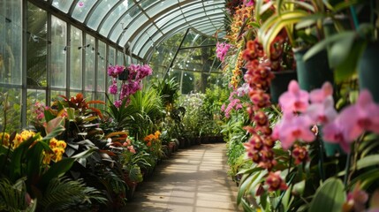 A lush walkway lined with colorful orchids and tropical plants in a bright green glasshouse, illuminated by soft morning light.