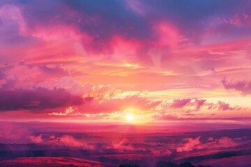Fototapeta premium A beautiful sunset with a pink sky and clouds. The sun is setting and the sky is filled with pink and orange hues. The clouds are scattered throughout the sky, creating a sense of depth and movement